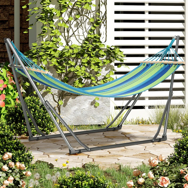 Outsunny Hamaca con Soporte Plegable 2 en 1 Tendedero con Barra Estructura de Acero para Jardín 270x100x94 cm Azul y Verde