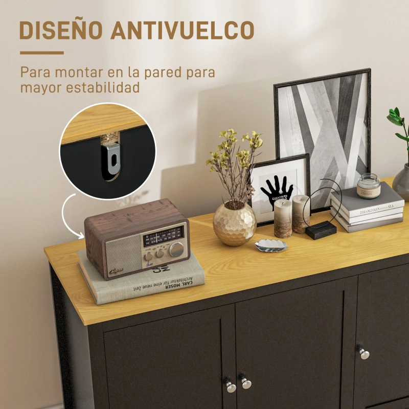 HOMCOM Aparador de 3 Puertas Aparador de Salón con Estantes Ajustables para Cocina Entrada Comedor Negro 120x40x70 cm