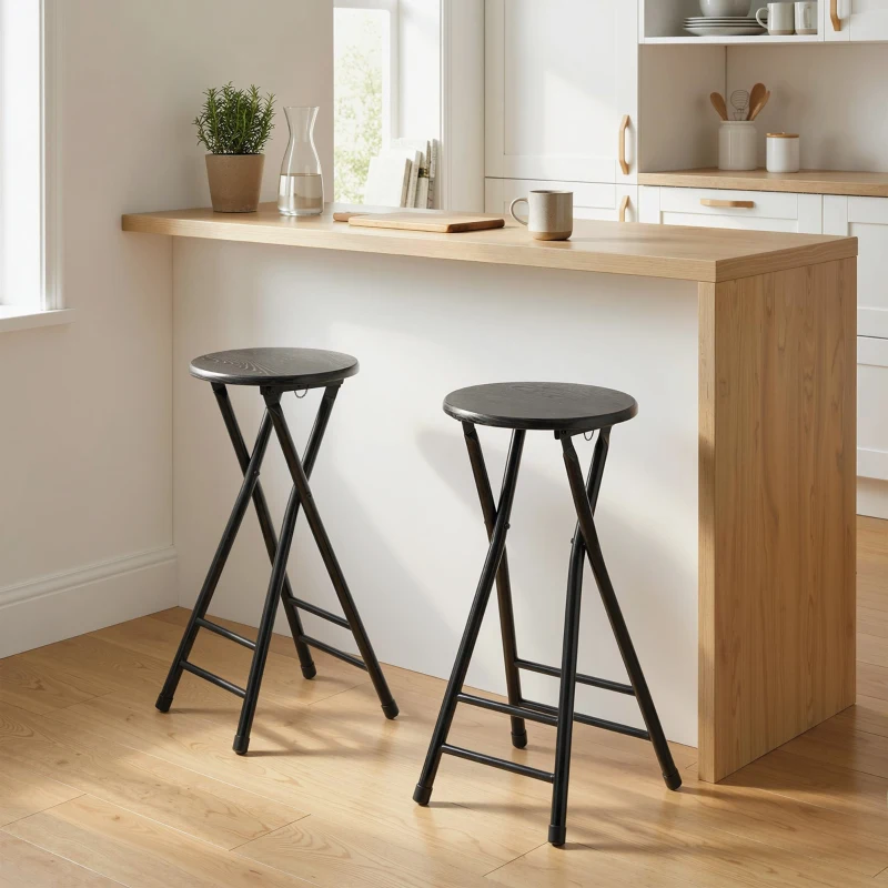 HOMCOM Set 2 Sgabelli Bar Pieghevoli con Doppio Poggiapiedi, in Legno e Acciaio, 34x30x70 cm, Nero