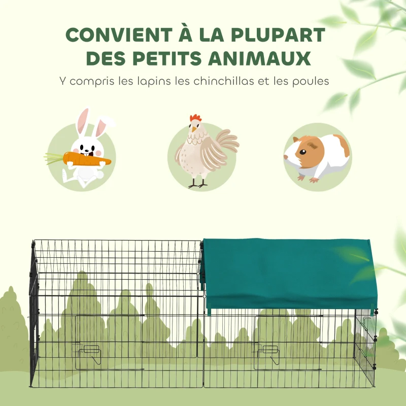 PawHut Parc enclos cage lapin extérieur structure acier avec protection solaire et portes verrouillables 185 x 75 x 75 cm vert