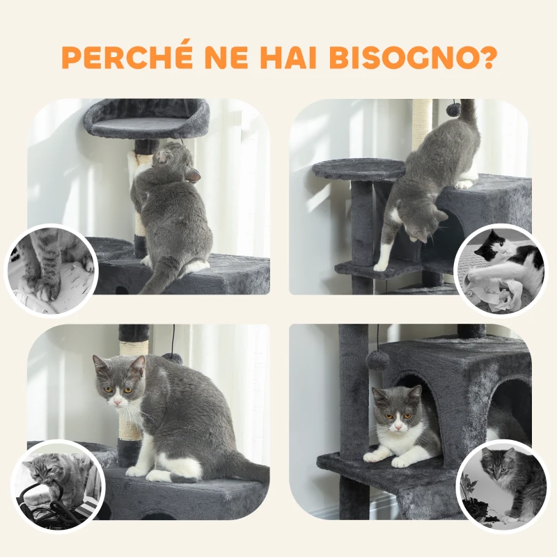 PawHut Albero per Gatti Alto 140 cm con 2 Casette, Lettino e Amaca per 2-3 Gatti, Rivestimento Peluche, Grigio