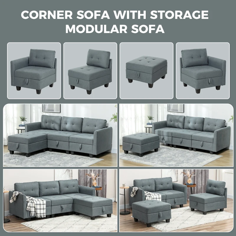 HOMCOM 'L' Shape Modular Sofa, with Storage - Dark Grey