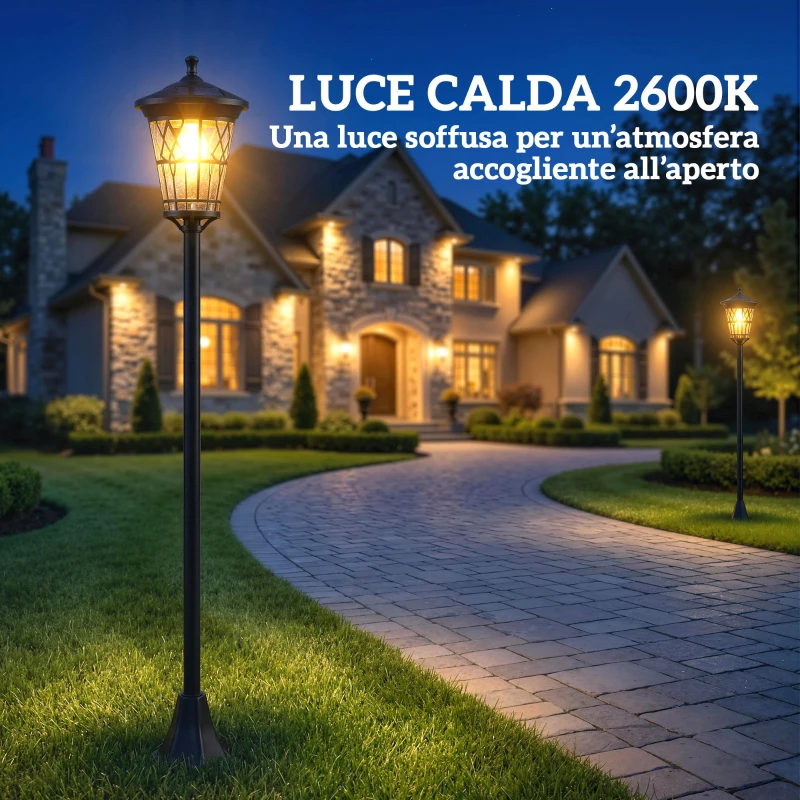 Outsunny Set 2 Lampioni da Esterno a Energia Solare e Altezza Regolabile, in Acciaio Inox e ABS, 23.5x23.5x186 cm, Nero