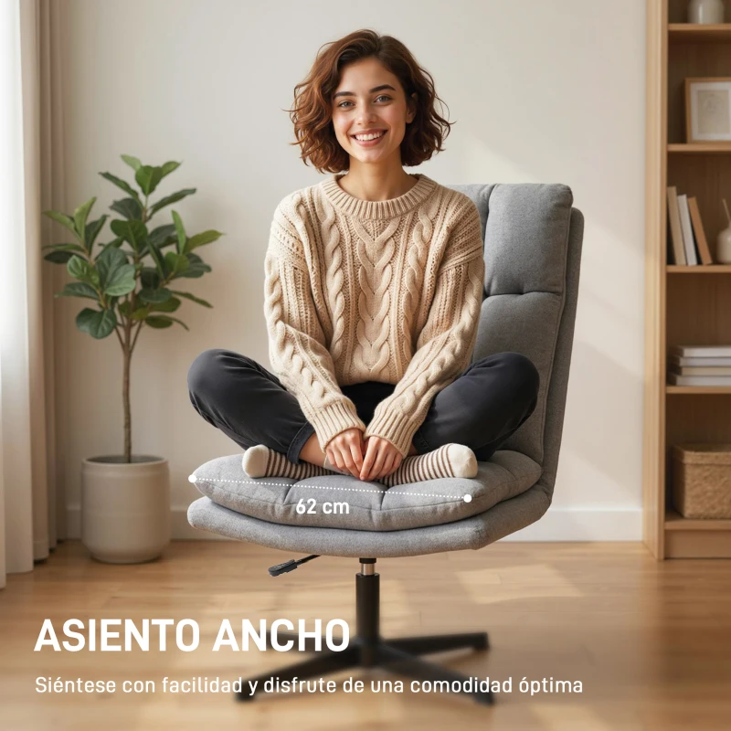 HOMCOM Butaca de Salón Giratorio 360° Altura Ajustable Asiento Ancho Tapizado en Lino Base de Metal Gris Claro