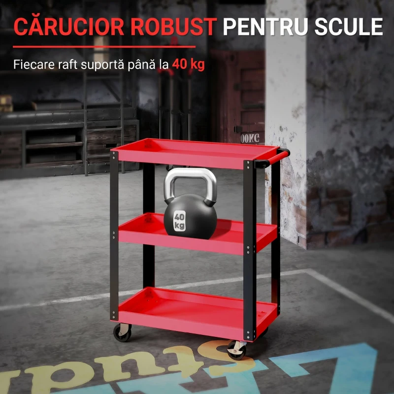 HOMCOM Cărucior pentru unelte cu 3 rafturi din metal și PP, 70,5x35x82,5 cm, roșu și negru