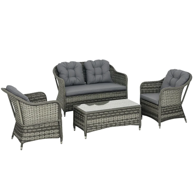 Outsunny 4 Pieces Outdoor PE Rattan Garden Furniture Set with Cushions - Patio Special Hand Weave Wicker Conservatory Sofa Set and Glass Top Coffee Table, Mixed Grey