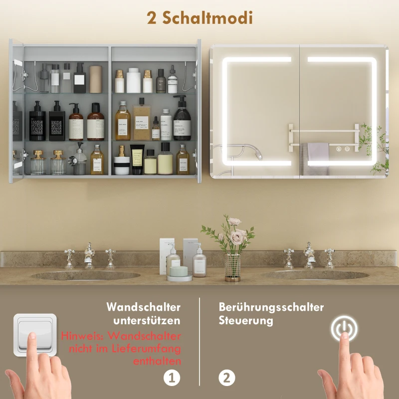 HOMCOM Spiegelschrank für das Badezimmer mit LED-Beleuchtung, 60 x 80 cm Badschrank mit Anti-Beschlag, 3-fach dimmbare