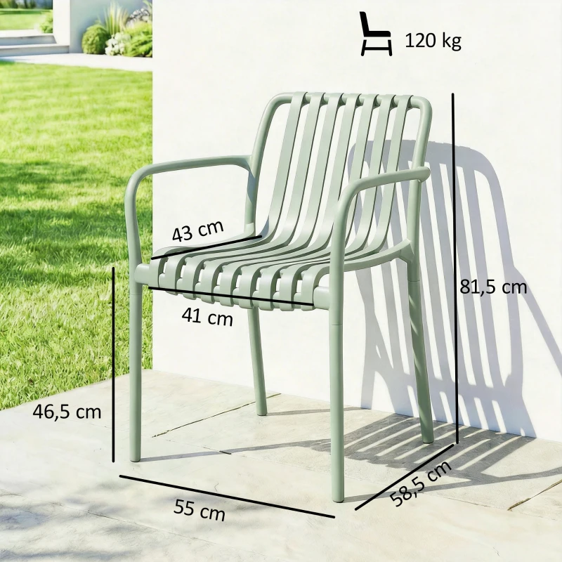 Outsunny Lot de 4 Chaises de Jardin Empilables en Polypropylène Anti-UV Accoudoirs et Dossier à Lattes Ergonomique Gris Vert