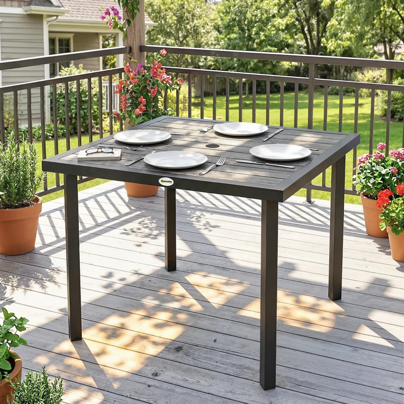 Outsunny Square Garden Dining Table with Parasol Hole, Slatted Top, Metal Frame, 86 x 86 x 71 cm, Light Grey