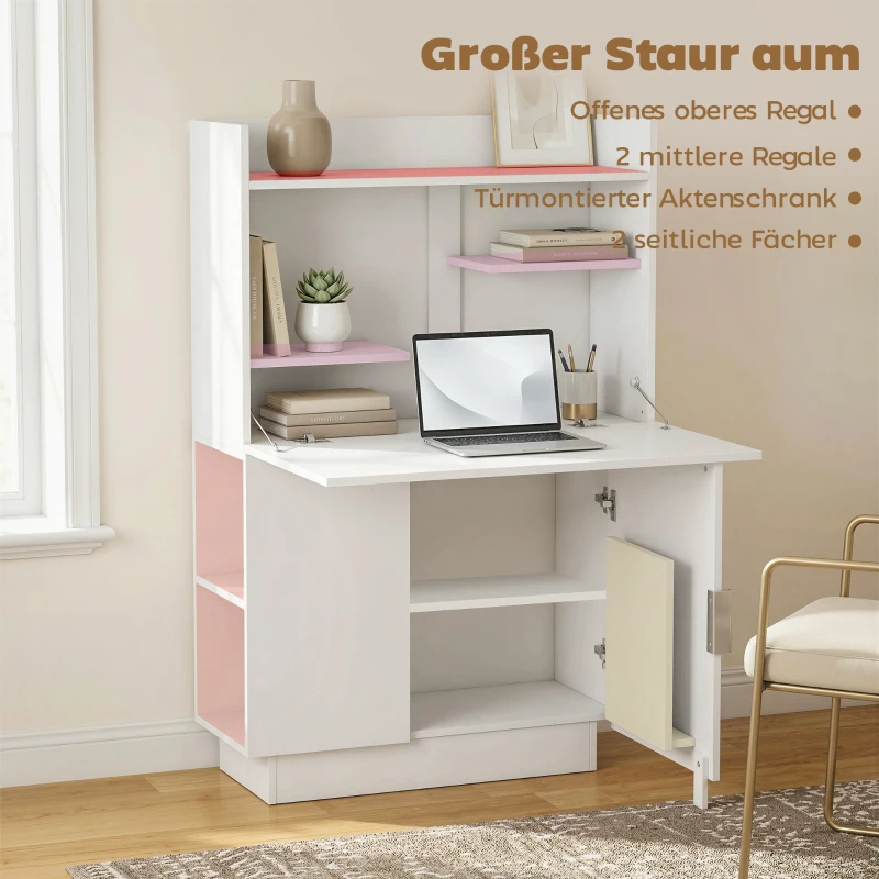 HOMCOM Computerschreibtisch Klappschreibtisch mit Regalen und Schrank für das Homeoffice, 128 cm hoch, Weiß