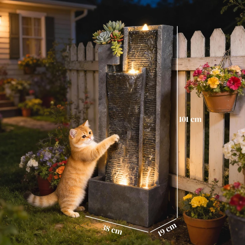 Outsunny Fontaine de jardin extérieure cascade 3 niveaux fontaine eau jardinière et mur d'eau moderne lumineuse 24 LED 101cm gris