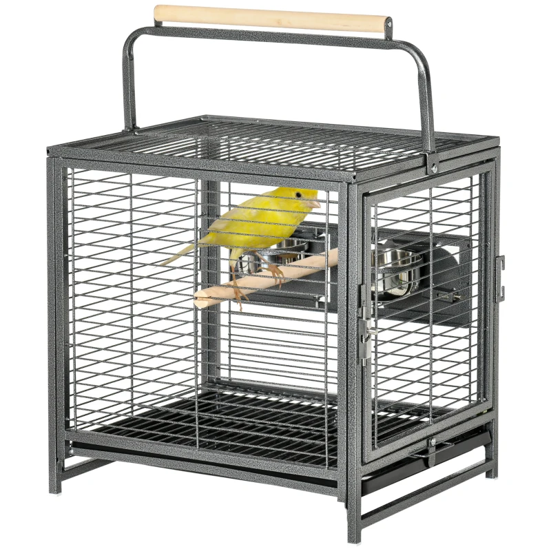 PawHut Cage de transport en acier pour perroquets, cage à oiseaux avec 2 bols en acier inoxydable, 2 perchoirs, plateau, noir