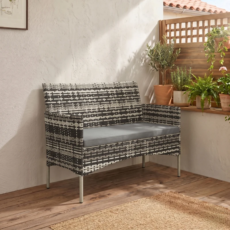 Outsunny Canapé de jardin 2 places en résine tressée avec coussins canapé d'extérieur avec accoudoirs 115 x 63 x 85 cm gris clair