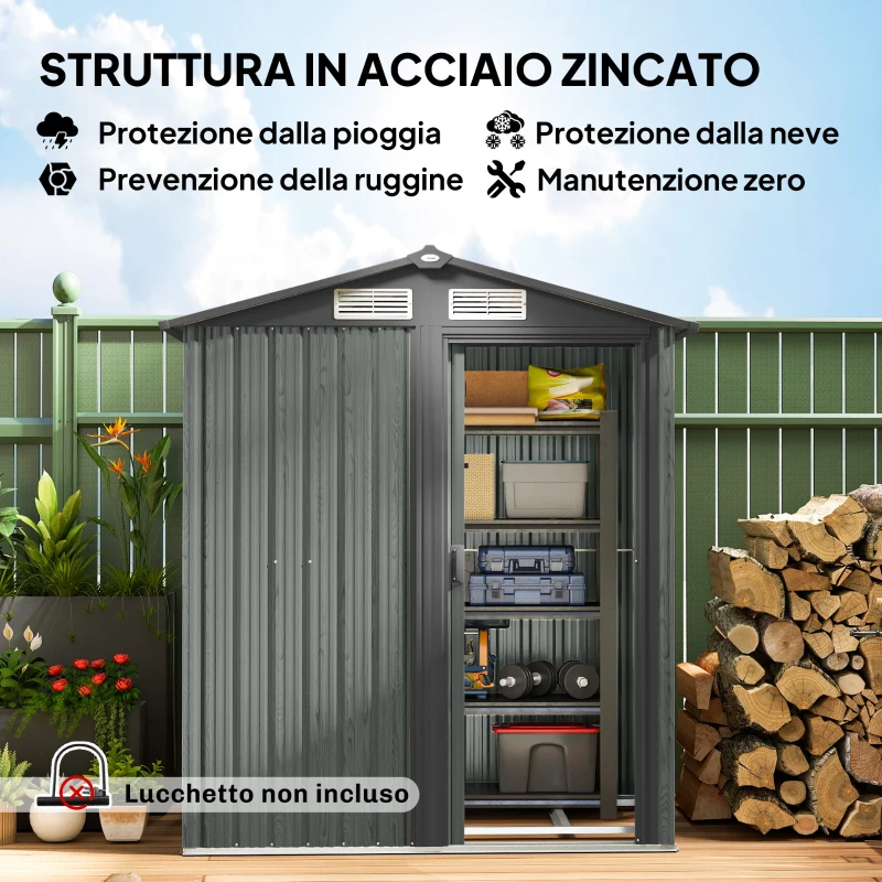 Outsunny Casetta da Giardino Porta Attrezzi in Acciaio con Tetto Inclinato e 4 Prese d'Aria, 152x132x188 cm, Grigio