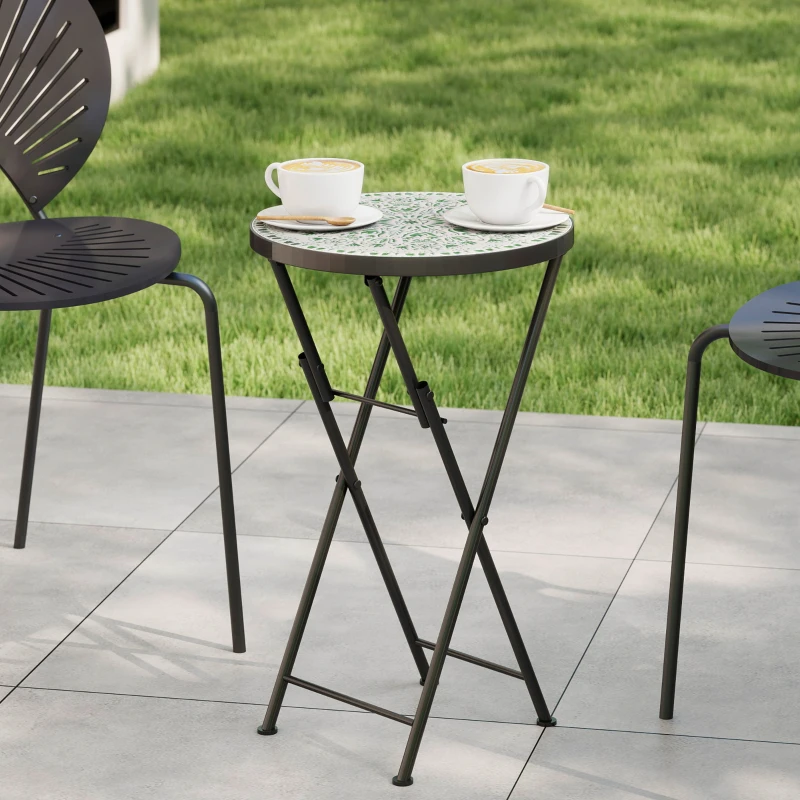Outsunny Mosaic Outdoor Garden Table, 35.5cm Round Folding Coffee Table with Metal Frame for Balcony Terrace, Green