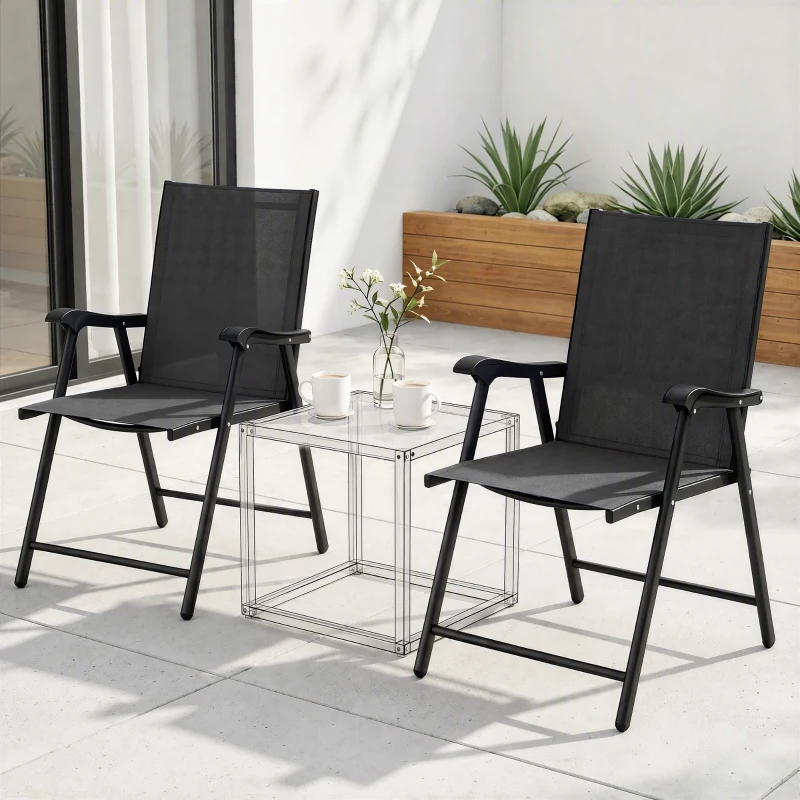 Outsunny 2er-Set Klappstuhl Gartenstuhl klappbar mit hoher Rückenlehne Armlehne Stahl Texteline 58 x 62 x 97 cm Schwarz
