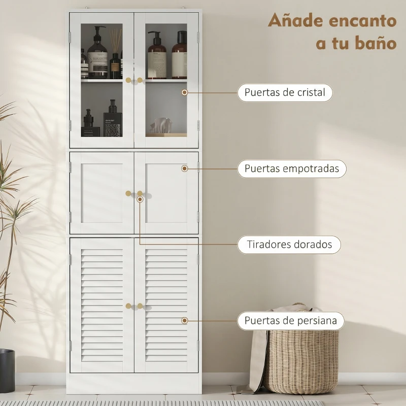 HOMCOM Columna de Baño Estrecha con Puertas de Vidrio Puertas de Lamas Estantes Ajustables 60x30x170 cm Blanco