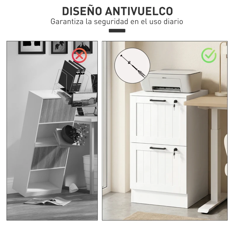 HOMCOM Mueble Archivador con 2 Cajones Cajonera para Escritorio con Cerraduras Rieles Colgantes Ajustables para A4 Blanco