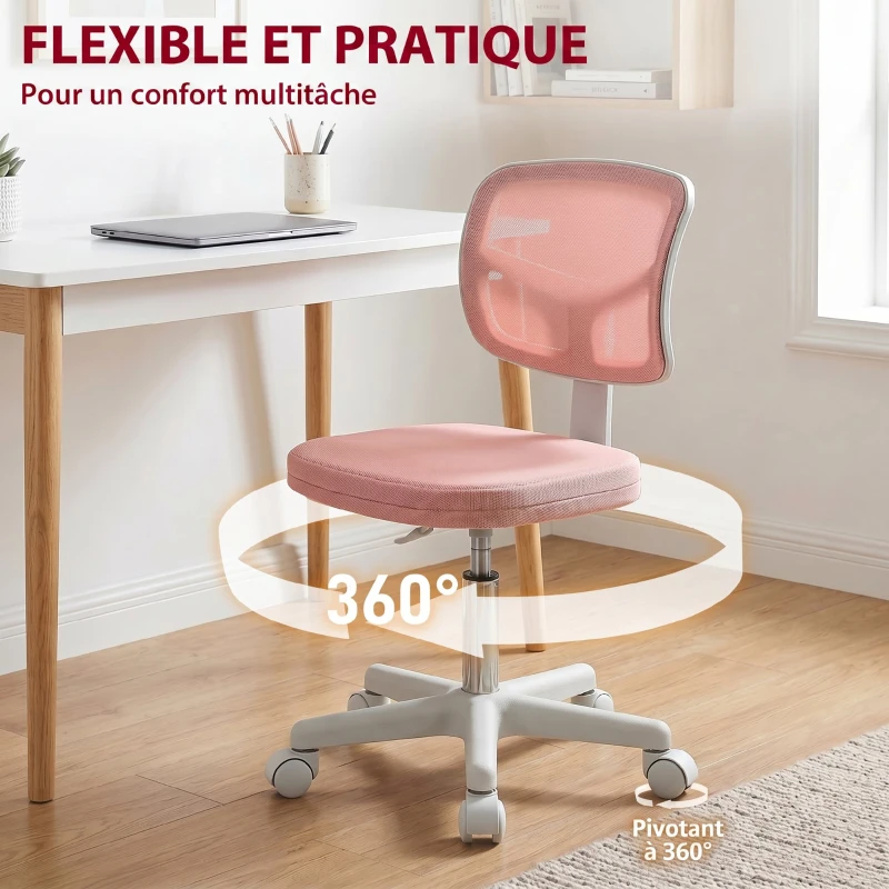 Vinsetto Chaise de Bureau Ergonomique Sans Accoudoirs, Fauteuil de Bureau Pivotant, Dossier Courbé en Maille et Roulettes, Rose