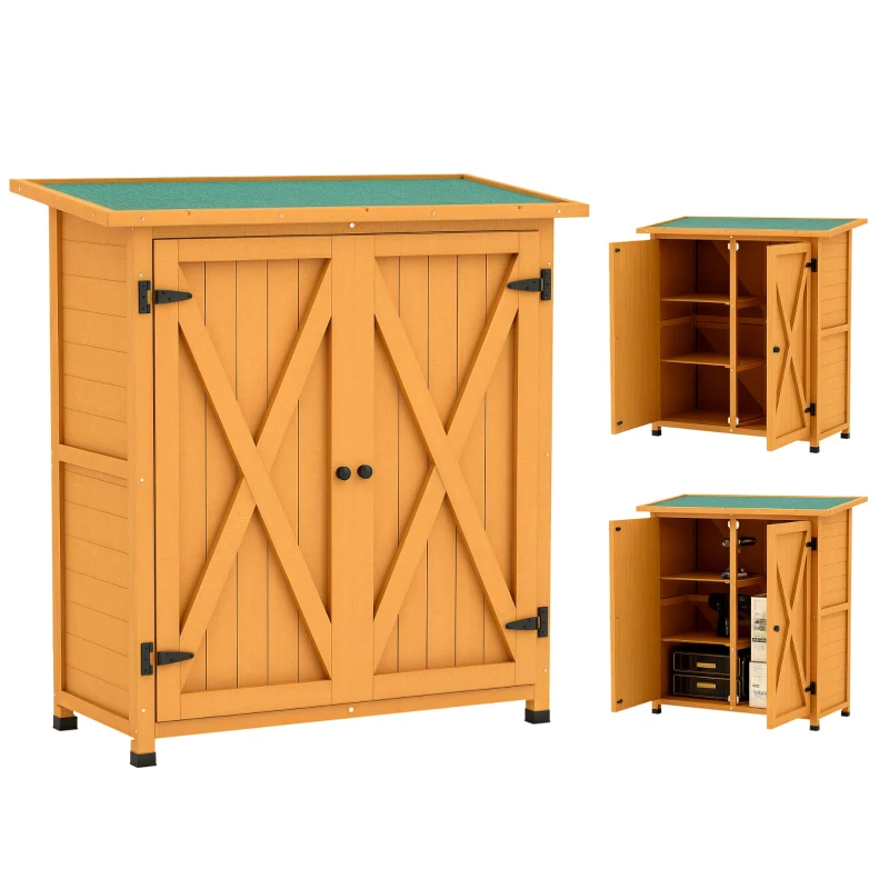 Outsunny Gartenschrank, Geräteschuppen aus Holz, Wetterfest Geräteschrank mit 2 Türen Asphaltdach 110 x 55 x 117 cm, Gelb