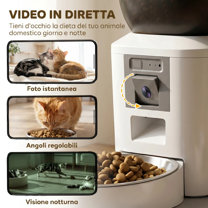 PawHut Distributore Automatico Cibo Gatti e Cani 4L WiFi 2.4G, App Controllo con Telecamera, Ciotola, Bianco
