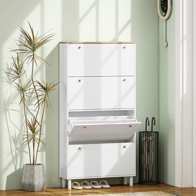 HOMCOM Dulap pentru Pantofi 32 Perechi cu 4 Sertare Rabatabile, Rafturi Reglabile, Modern, 80 x 23,5 x 157 cm, Alb