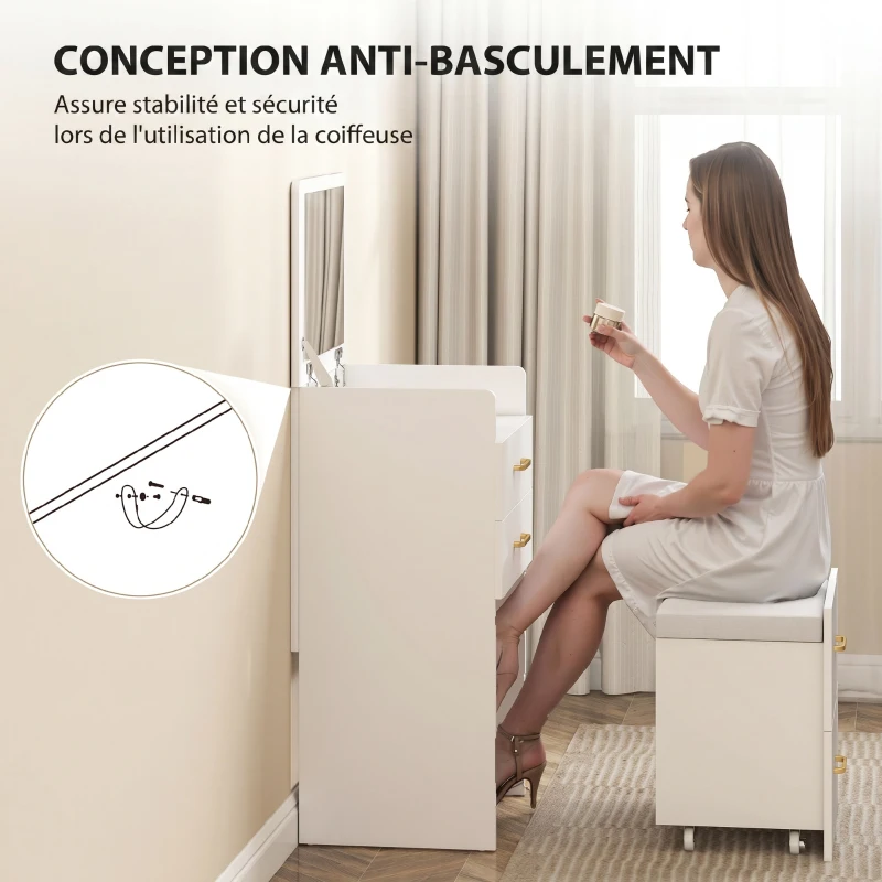 HOMCOM Coiffeuse avec miroir et tabouret 3 en 1, 3 tiroirs et plateau en verre visible, coussin rembourré, 48 x 40 x 90 cm, blanc