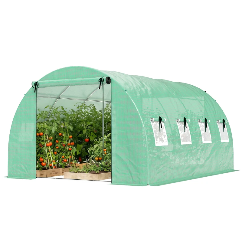 Outsunny Gewächshaus ca. 4 x 3 x 2 m Foliengewächshaus mit Rollbar 2 Reißverschlusstür & 8 Netzfenster Stützstangen Grün