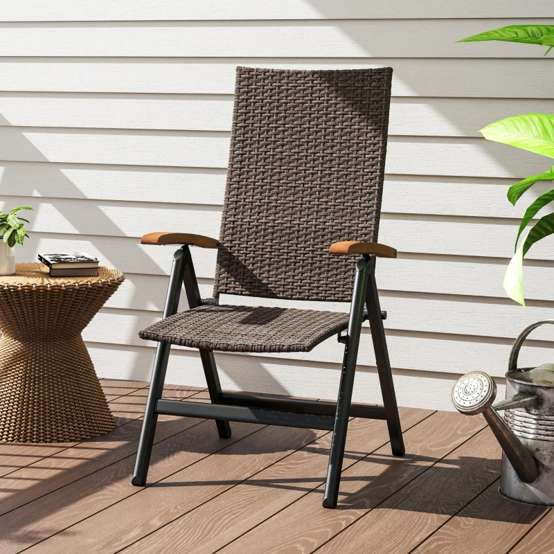 Outsunny Folding Rattan Garden Dining Chair with 5-level Reclining High Back, Wood Armrests for Outdoor, Patio - Brown