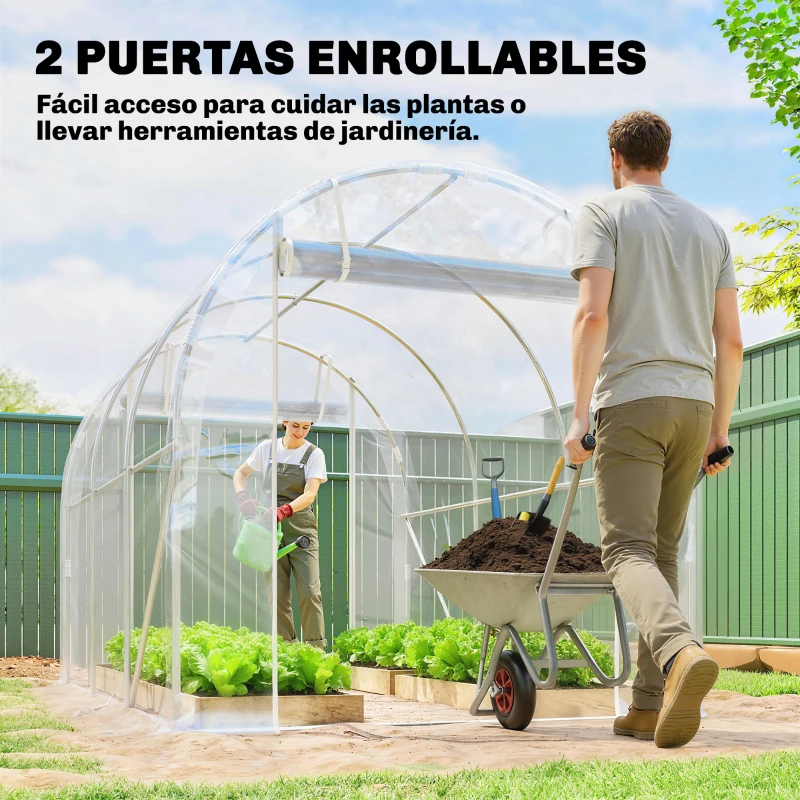 Outsunny Invernadero de Túnel 3x2x2 m con 2 Puertas Enrollables Estructura de Acero Galvanizado Cubierta PE Anti-UV Transparente