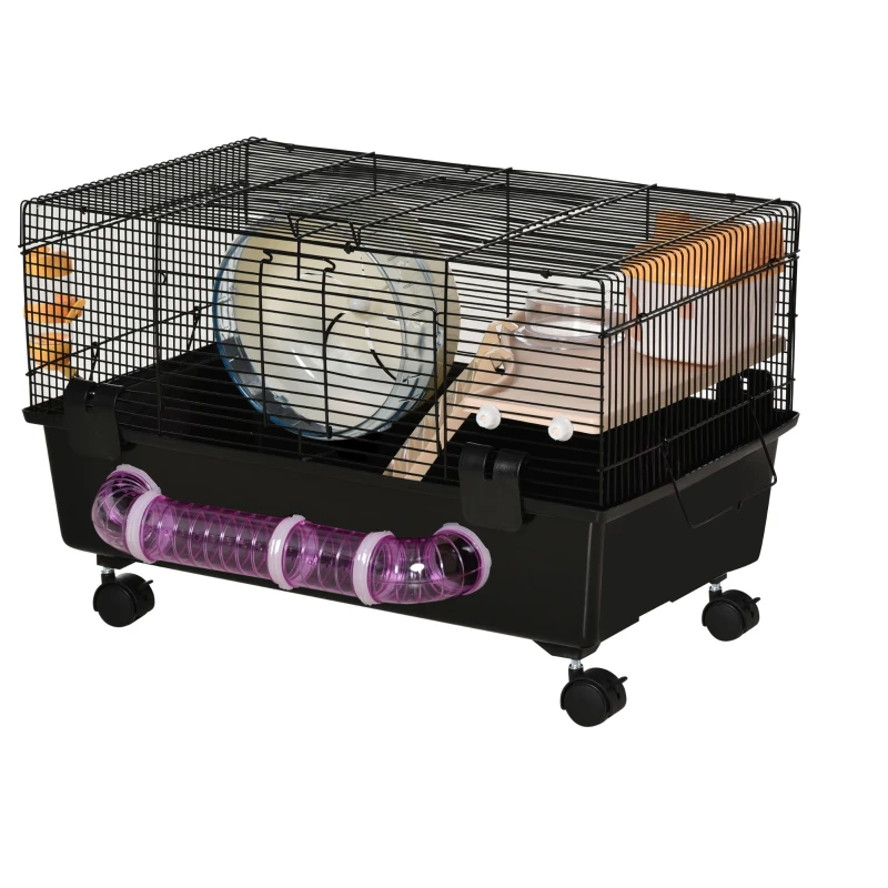 PawHut Gabbia per Criceti con Casetta, Tunnel e Ruota, Base con 4 Rotelle, 60x35x38.5cm, Nero e Marrone