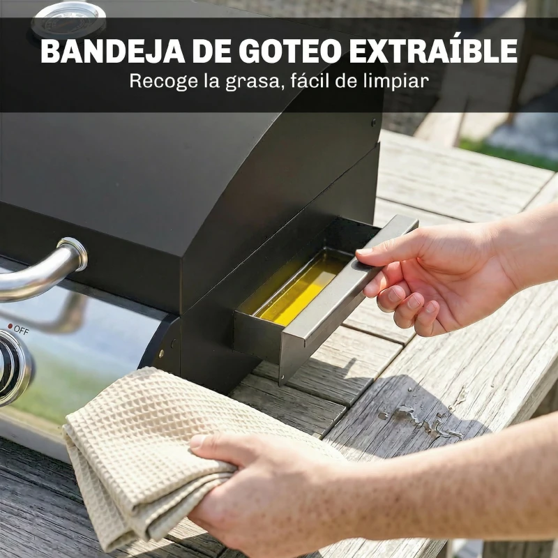 Outsunny Barbacoa de Gas BBQ Gas con 3 Quemadores 7,5 kW con Parrilla Plancha Estante Lateral Convertible Termómetro Negro
