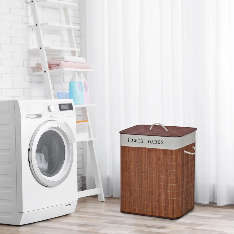 HOMCOM Cesto per Biancheria Bambù da 100L con 2 Scomparti, Coperchio e Maniglie, 52x32x63cm
