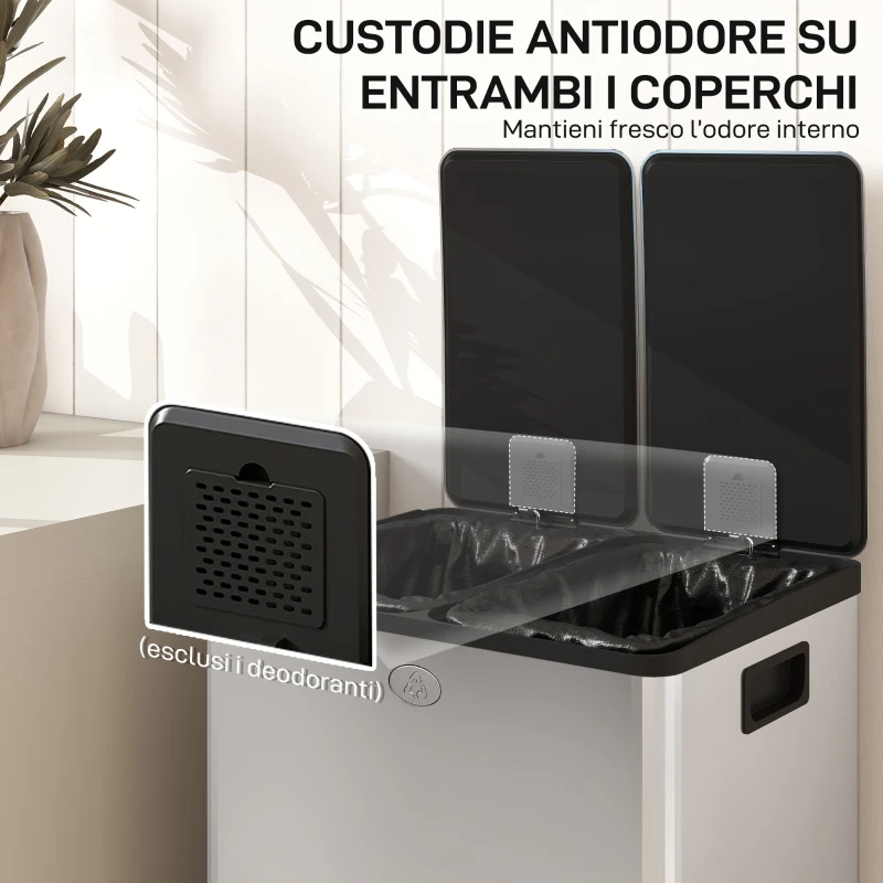 HOMCOM Pattumiera Differenziata 28L con 2 Scomparti a Chiusura Silenziosa, in Acciaio Inox e PP, 45.8x36x67.6 cm, Argento