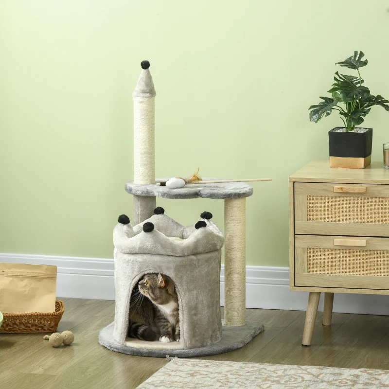 PawHut Albero Tiragraffi per Gatti con Casetta e Lettino, Rivestimento Peluche e Gioco, 48x48x86cm, Grigio