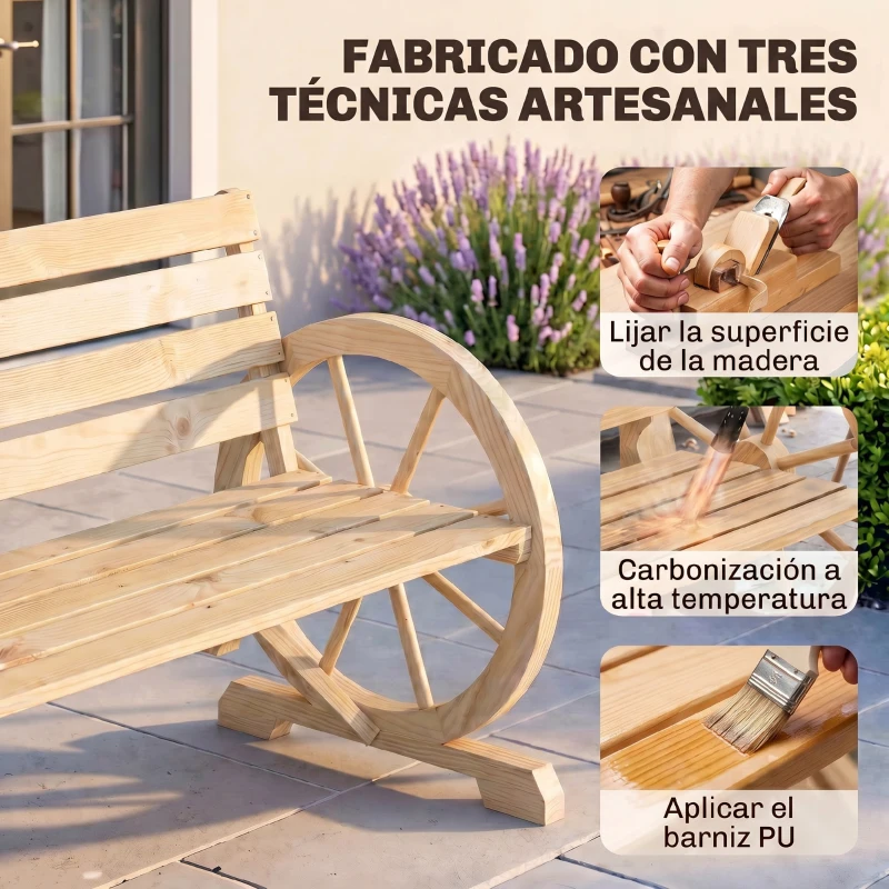 Outsunny Banco de Jardín de Madera con Reposabrazos en Forma de Rueda para 2 Personas 105,5x56x79 cm Madera Natural
