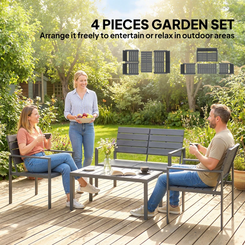 Outsunny 4 Piece Garden Furniture Set, Outdoor Sofa Set with HDPE Slatted Loveseat Armchairs Coffee Table Metal Frame, Dark Grey
