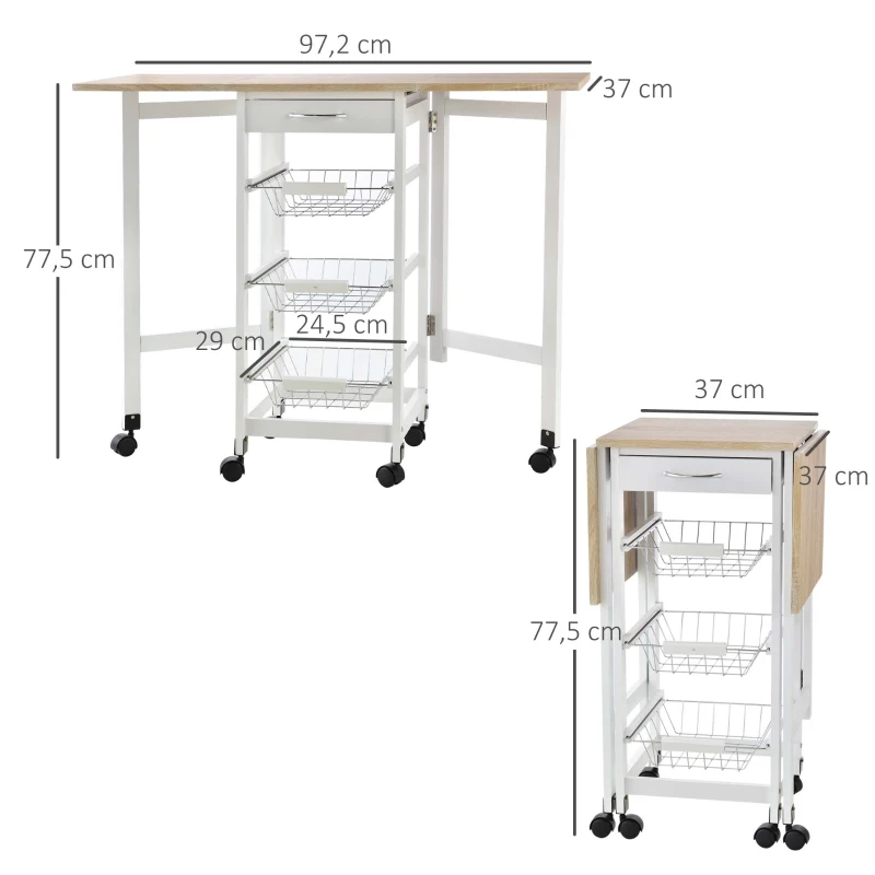 HOMCOM Carrito Auxiliar Plegable Carrito de Cocina con 6 Ruedas 1 Cajón y 3 Cesta de Metal 97,2x37x77,5 cm Blanco y Roble
