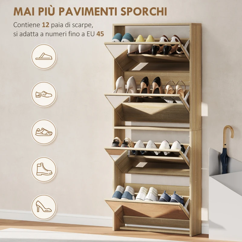 HOMCOM Scarpiera a Specchio a 4 Ante Antiribaltamento in Legno, 63x17x146 cm, color Legno