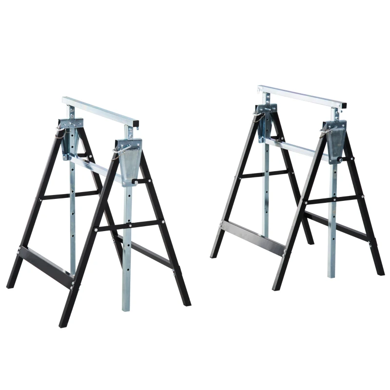 HOMCOM Set de 2 Caballetes Metálicos Plegables con Altura Ajustable Caballetes de Sierra de Acero 68x58x80-130 cm Negro