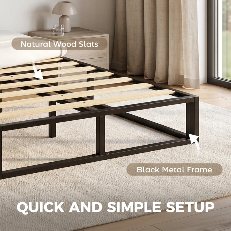 HOMCOM Cadre de Lit 140 x 190 cm avec Sommier, Lit Double avec Pochette de Rangement, Support à Lattes en Bois, Noir