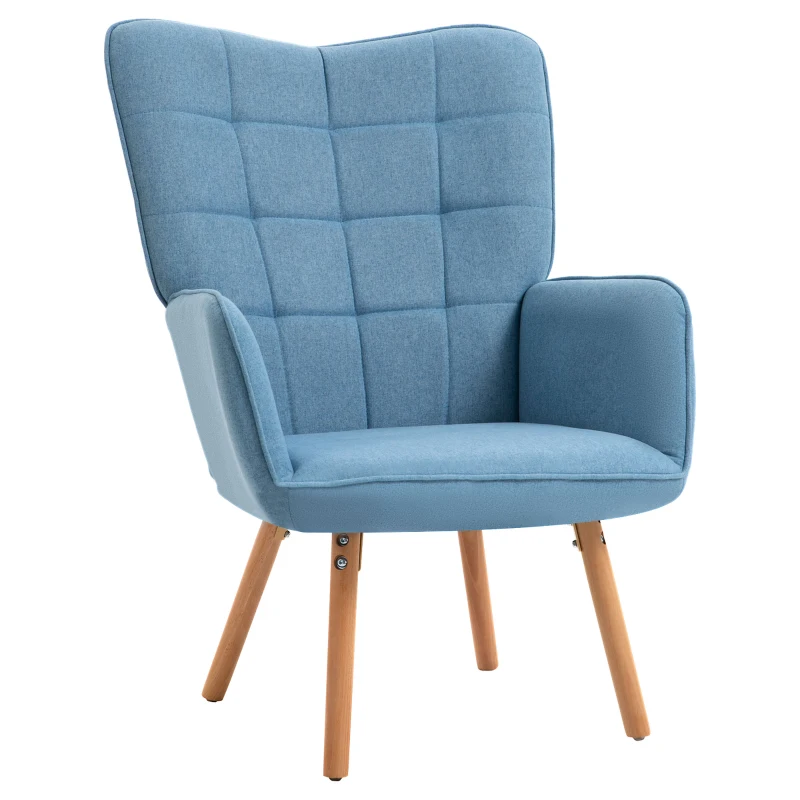 HOMCOM Sillón Individual con Respaldo Alto Reposabrazos Tela de Lino y Patas de Madera para Comedor Cocina 71x76x101cm Azul