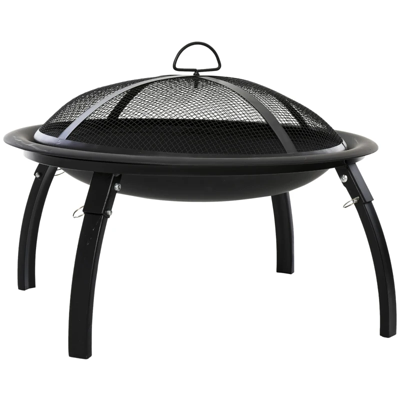 Outsunny Brasero Exterior Ø55 cm Chimenea Hoguera Portátil para Calefacción Barbacoa Terraza Patio Camping Jardín con Cubierta de Malla Atizador de Fuego Negro