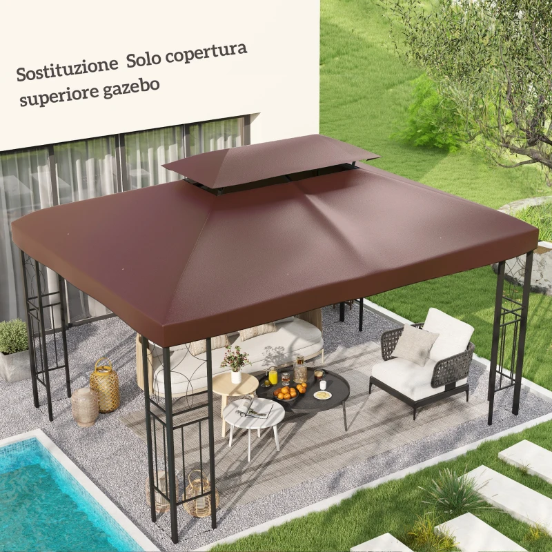 Outsunny Copertura per Gazebo da Giardino 3x4 m a 2 Livelli in Tessuto Oxford 600D con Fori di Drenaggio, Caffè