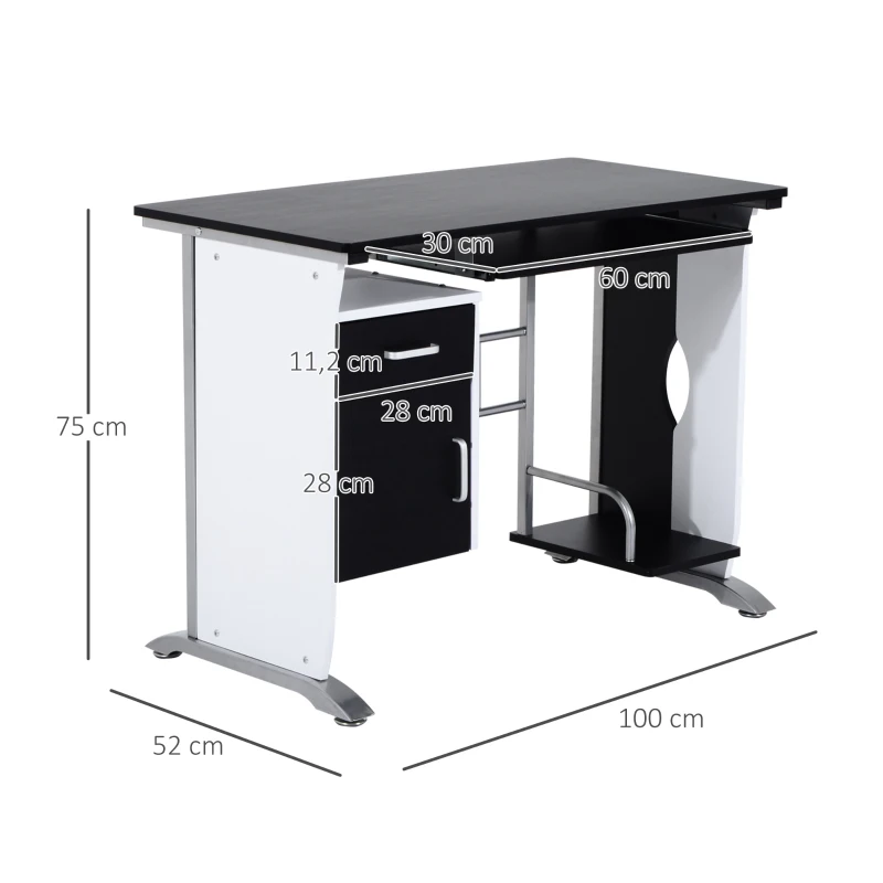 Vinsetto Scrivania per Computer con Ripiano, Cassetto e Armadietto, in MDF e Ferro, 100x52x75 cm, Bianca e Nera