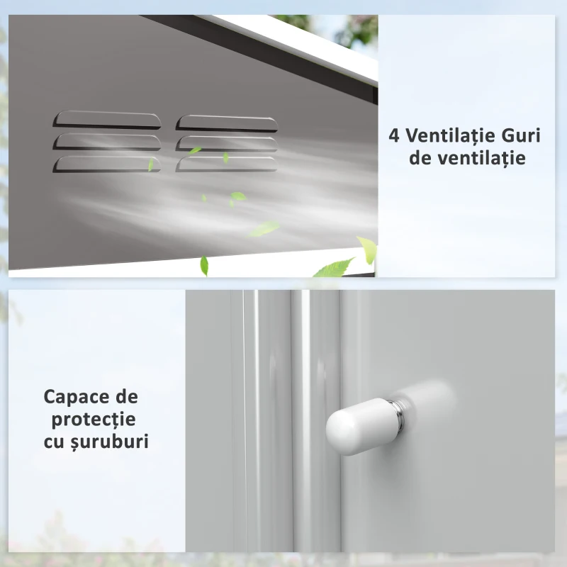 Outsunny Căsuță de grădină 2,3x1,7 m din oțel cu orificii de aerisire și uși duble glisante, efect lemn