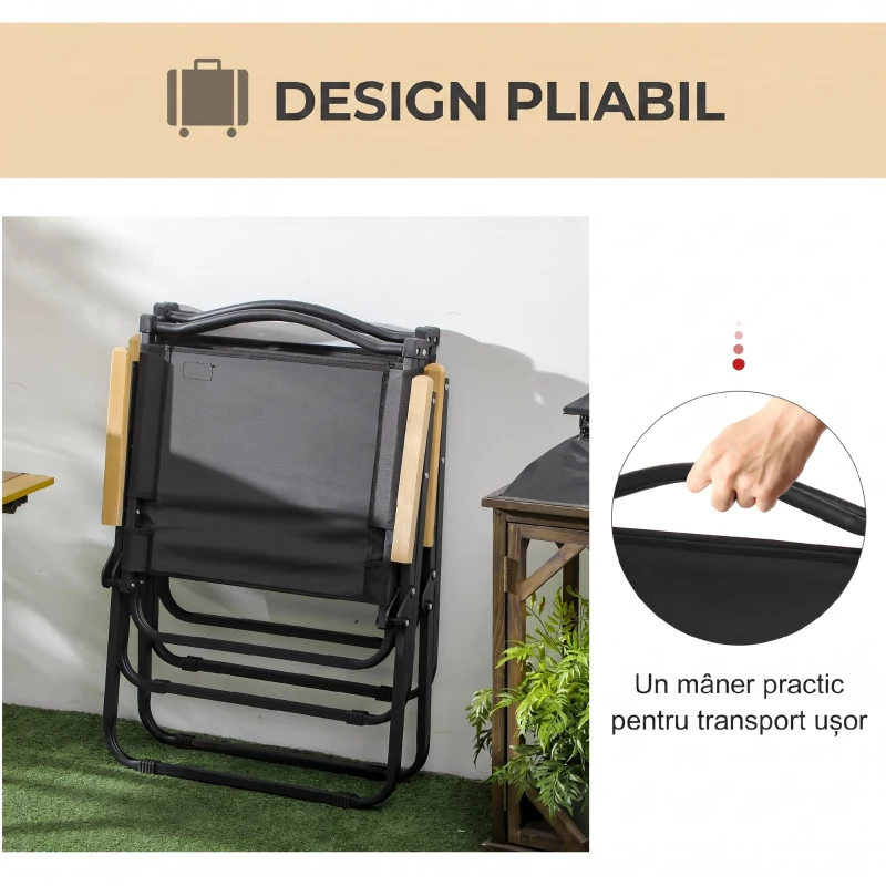 Outsunny Scaun pentru Exterior Pliabil cu Brațe, Șezut din Material Oxford și Oțel, Negru