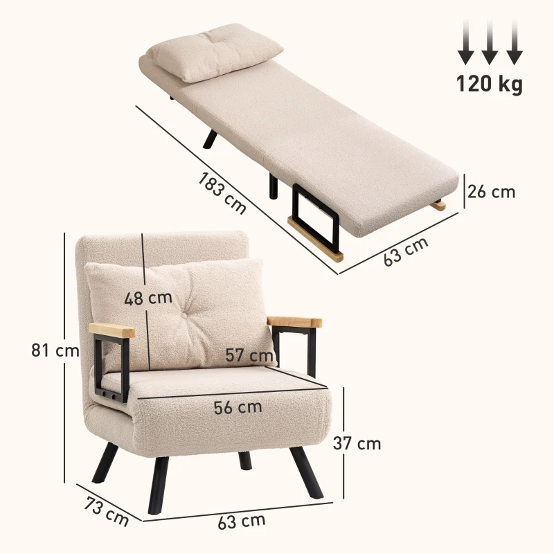 HOMCOM Sofá Cama Individual Plegable Sofá Cama Convertible 4 en 1 Respaldo Ajustable de 5 Niveles y Almohada 63x73x81 cm Beige