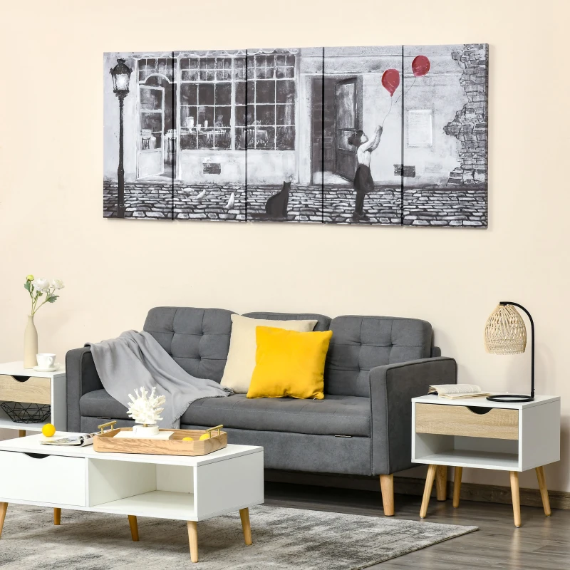 HOMCOM Stampa su Tela con Bambina, 80x40cm, 5 Pezzi per Casa e Ufficio, Tela in Legno di Pino e Vernice ad Acqua, Nero Bianco Rosso