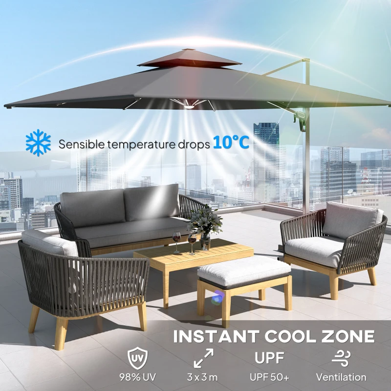 Outsunny 3(m) Garden Cantilever Parasol with Solar LED Lights, Cross Base, 360° Rotation, Crank Handle and Tilt, Grey